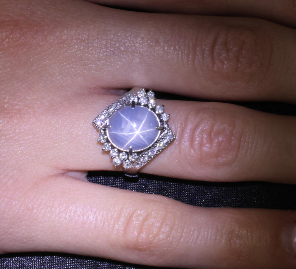 Fine 7.74ct Natural Untreated Star Sapphire &0.48ct Diamond Platinum Ring Size 7