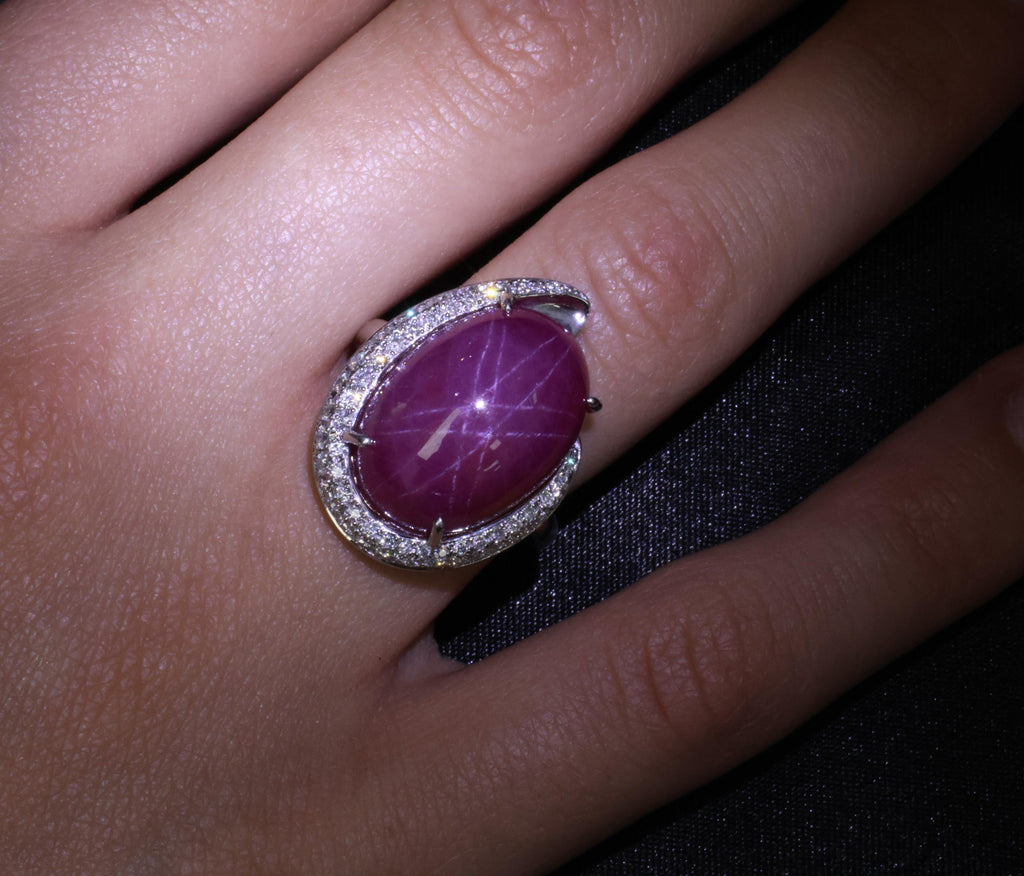RARE! 20.02ct Natural Double Star Ruby & 0.45ct Diamond 18K Gold Ring, Size 6.25