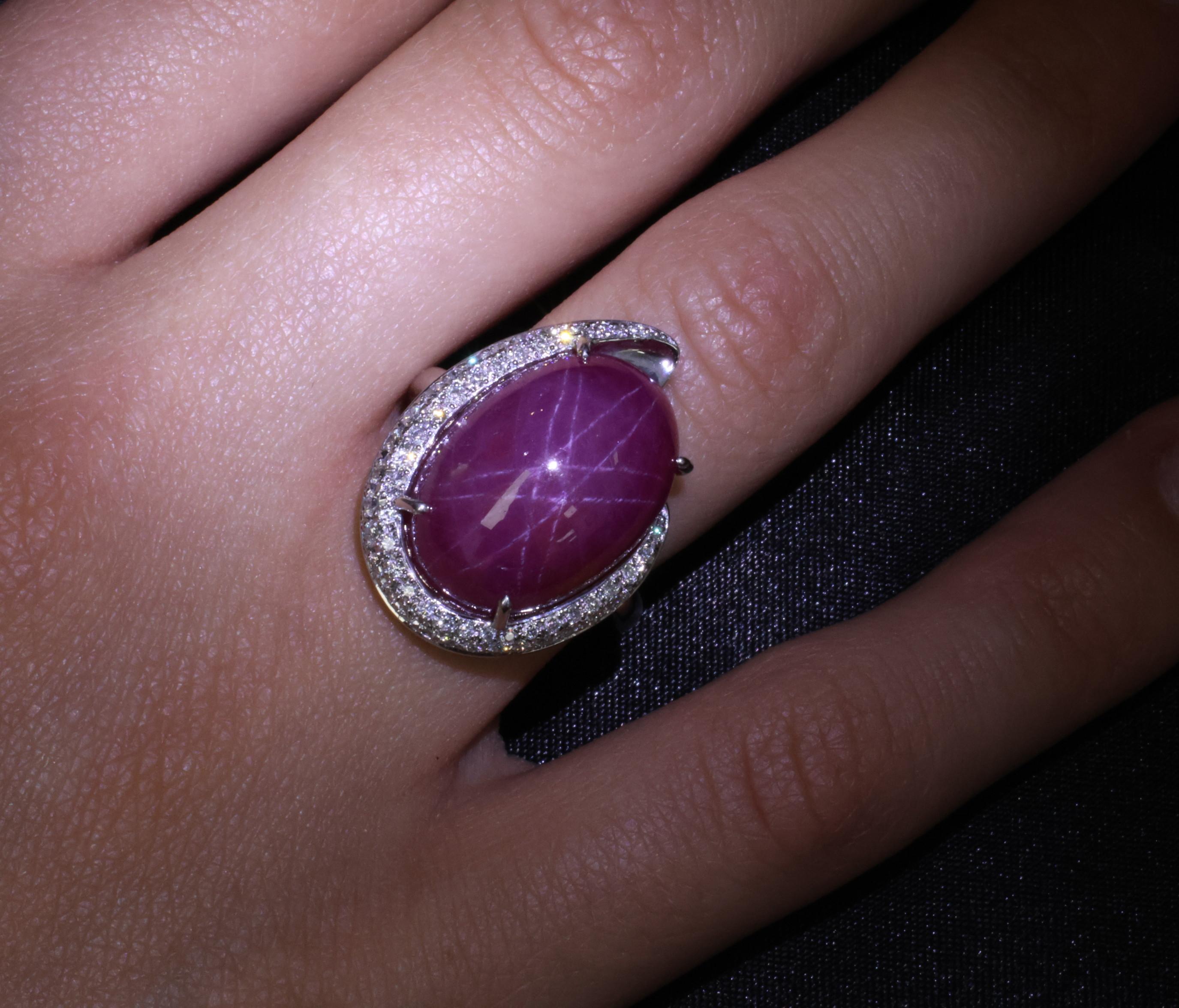 RARE! 20.02ct Natural Double Star Ruby & 0.45ct Diamond 18K Gold Ring, Size 6.25