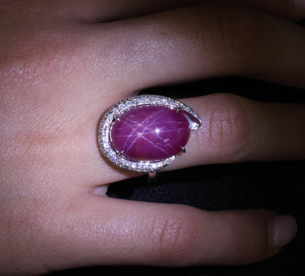 RARE! 20.02ct Natural Double Star Ruby & 0.45ct Diamond 18K Gold Ring, Size 6.25