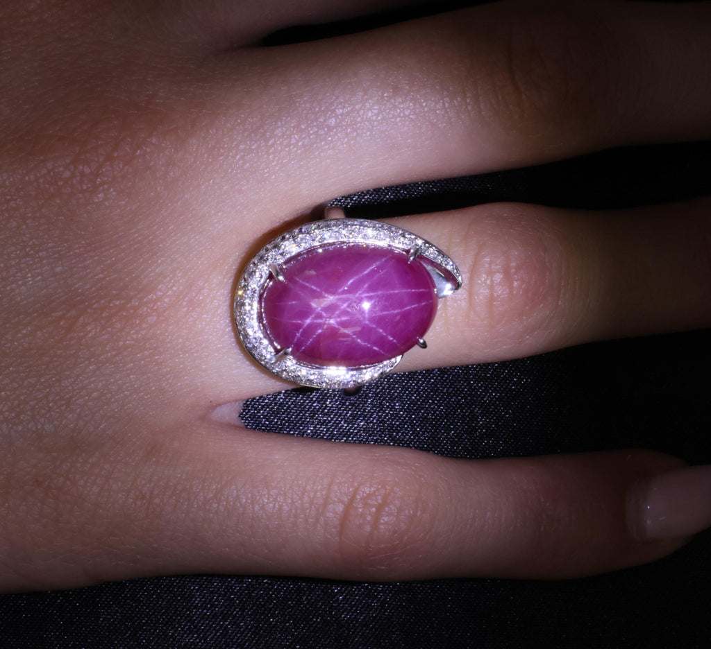 RARE! 20.02ct Natural Double Star Ruby & 0.45ct Diamond 18K Gold Ring, Size 6.25
