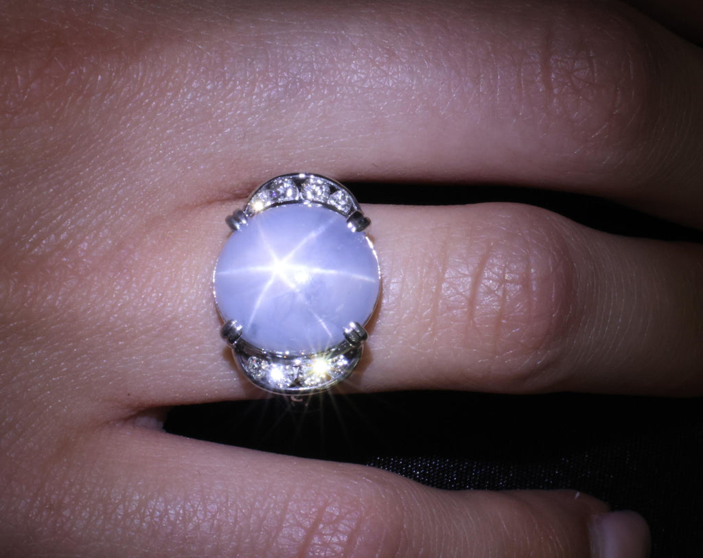 Rare 18.52ct Natural Blue Star Sapphire & 0.36ct Diamond Platinum Ring Size 6.75