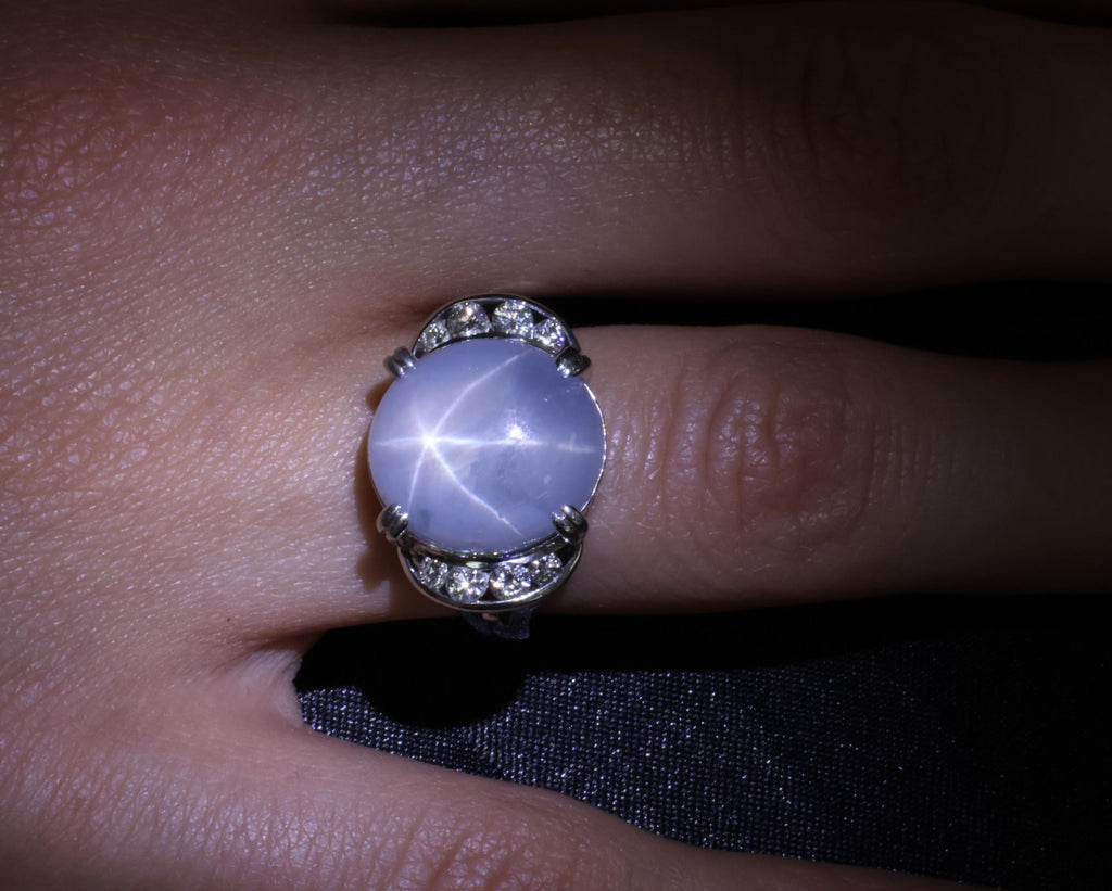 Rare 18.52ct Natural Blue Star Sapphire & 0.36ct Diamond Platinum Ring Size 6.75