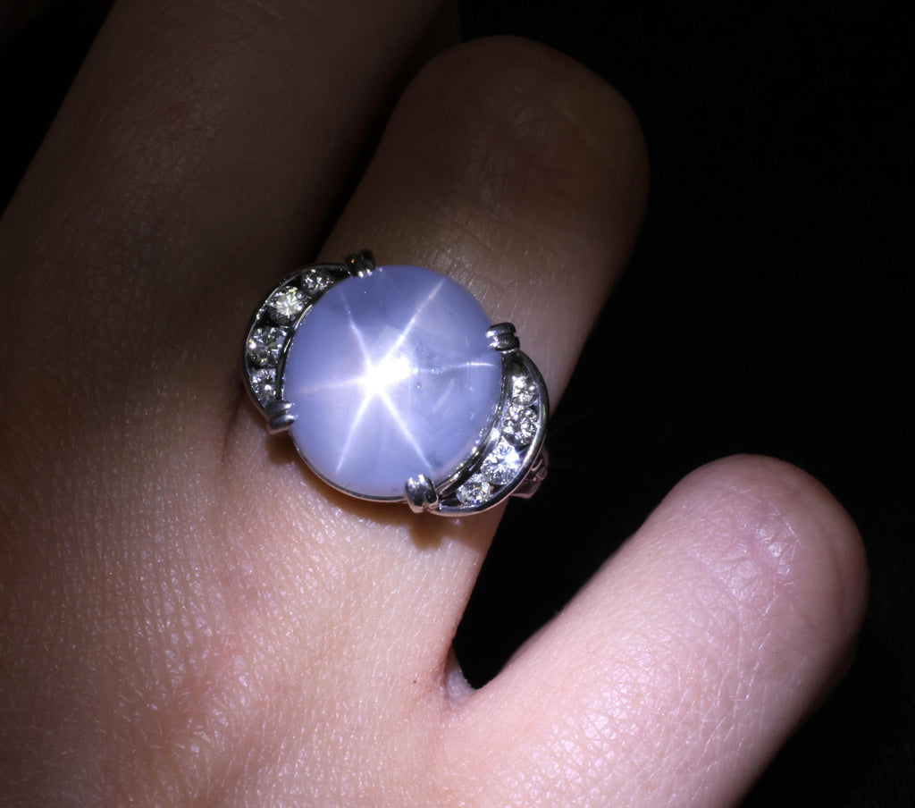 Rare 18.52ct Natural Blue Star Sapphire & 0.36ct Diamond Platinum Ring Size 6.75