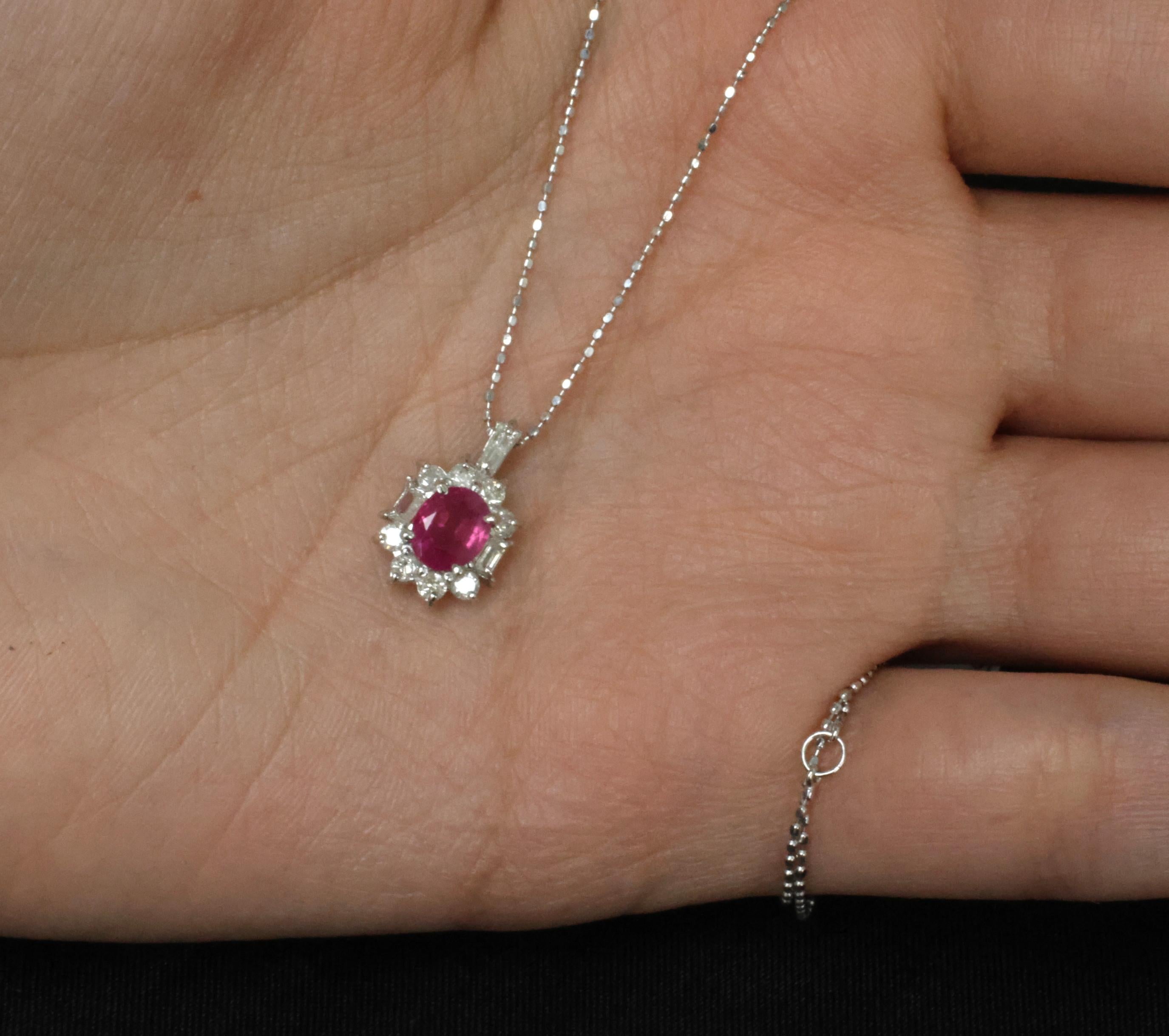 Vintage 0.85ct Natural Hot Pink Sapphire & 0.35ct Diamond Halo Platinum Necklace