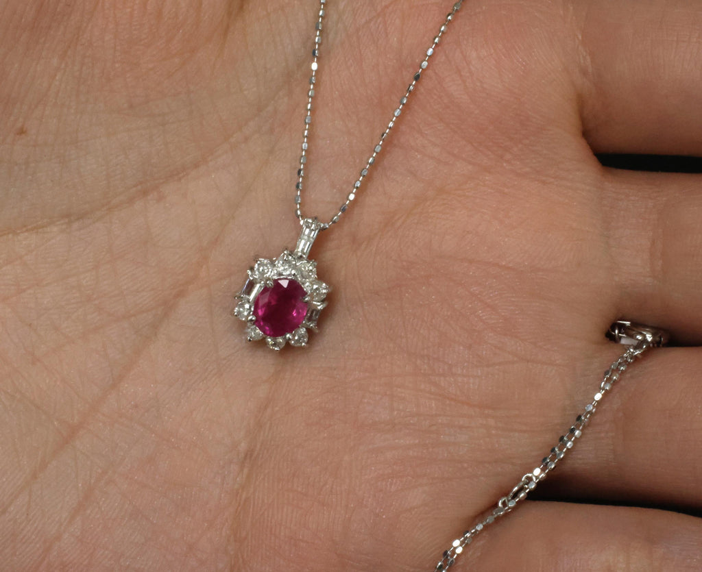 Vintage 0.85ct Natural Hot Pink Sapphire & 0.35ct Diamond Halo Platinum Necklace
