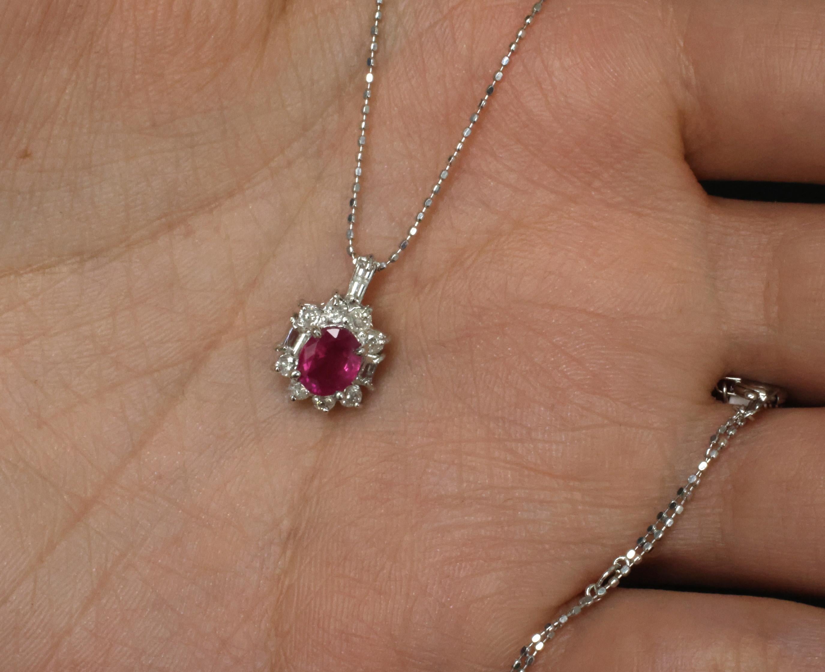 Vintage 0.85ct Natural Hot Pink Sapphire & 0.35ct Diamond Halo Platinum Necklace