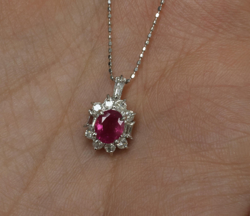 Vintage 0.85ct Natural Hot Pink Sapphire & 0.35ct Diamond Halo Platinum Necklace