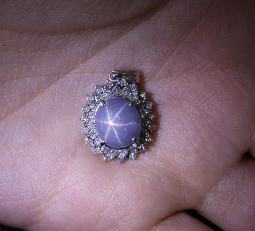 Vintage 4.80ct Natural Blue Star Sapphire & 0.61ct Diamond Halo Platinum Pendant