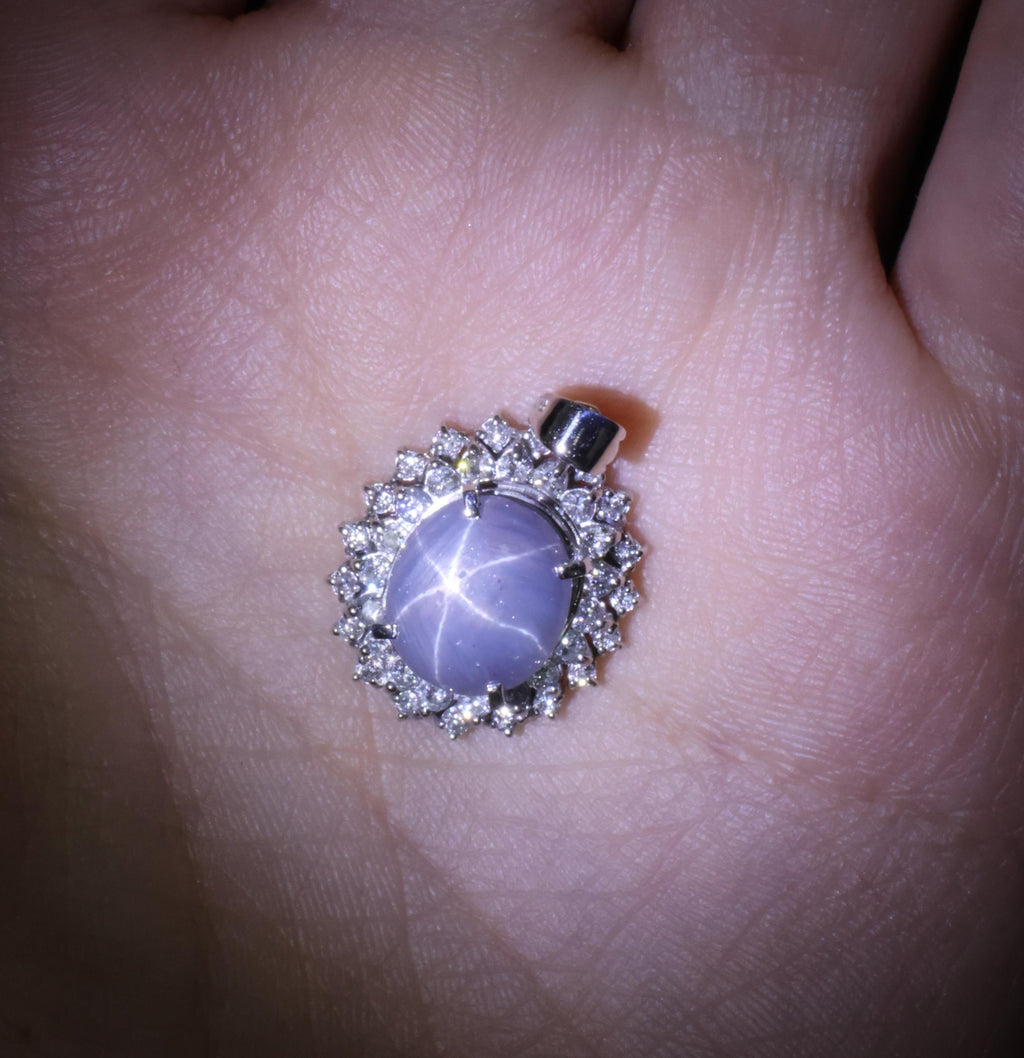 Vintage 4.80ct Natural Blue Star Sapphire & 0.61ct Diamond Halo Platinum Pendant