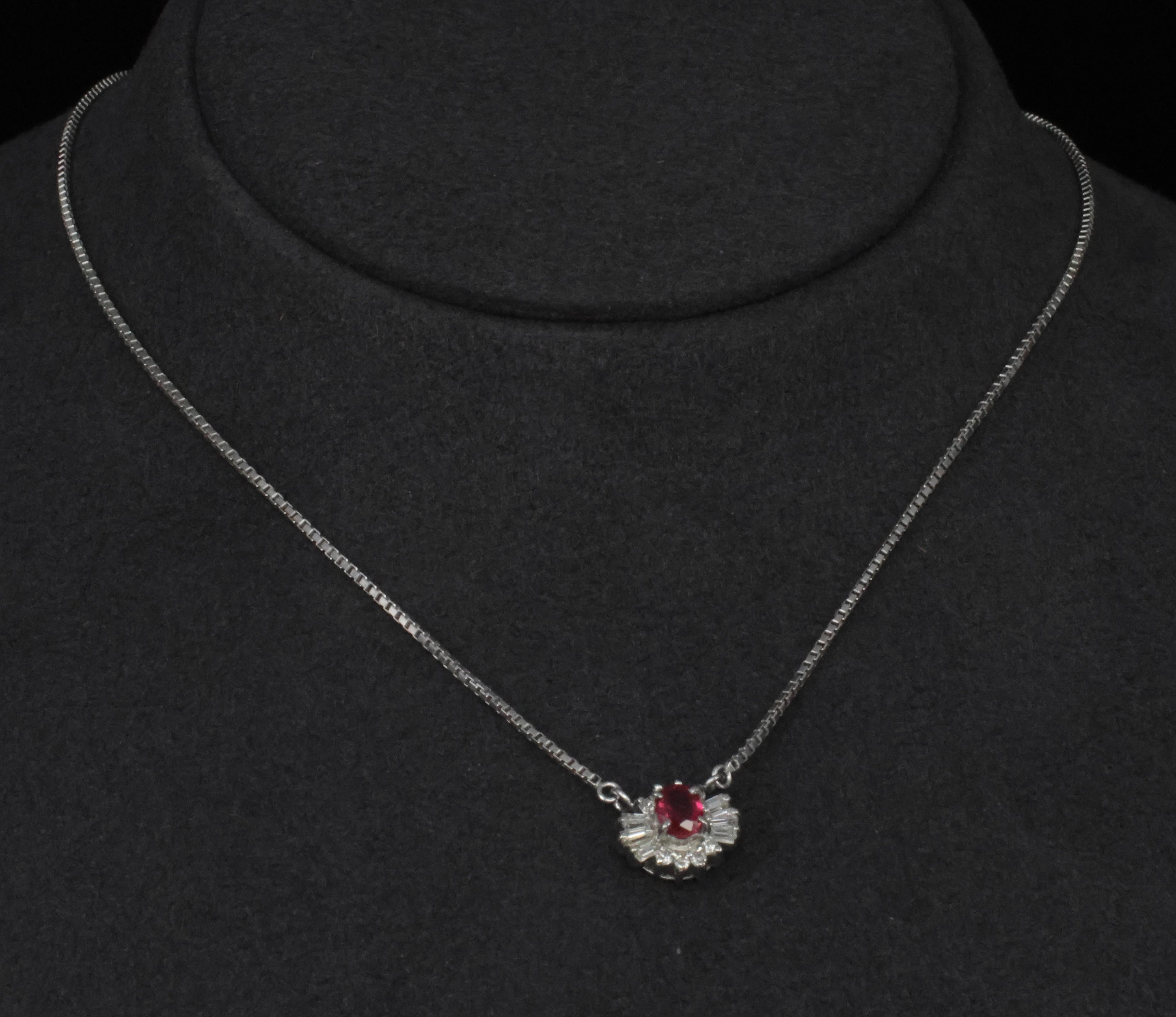 Fine 0.33ct Vivid Red Ruby & 0.19ct Diamond Platinum 16 Inch Necklace, 5.26g
