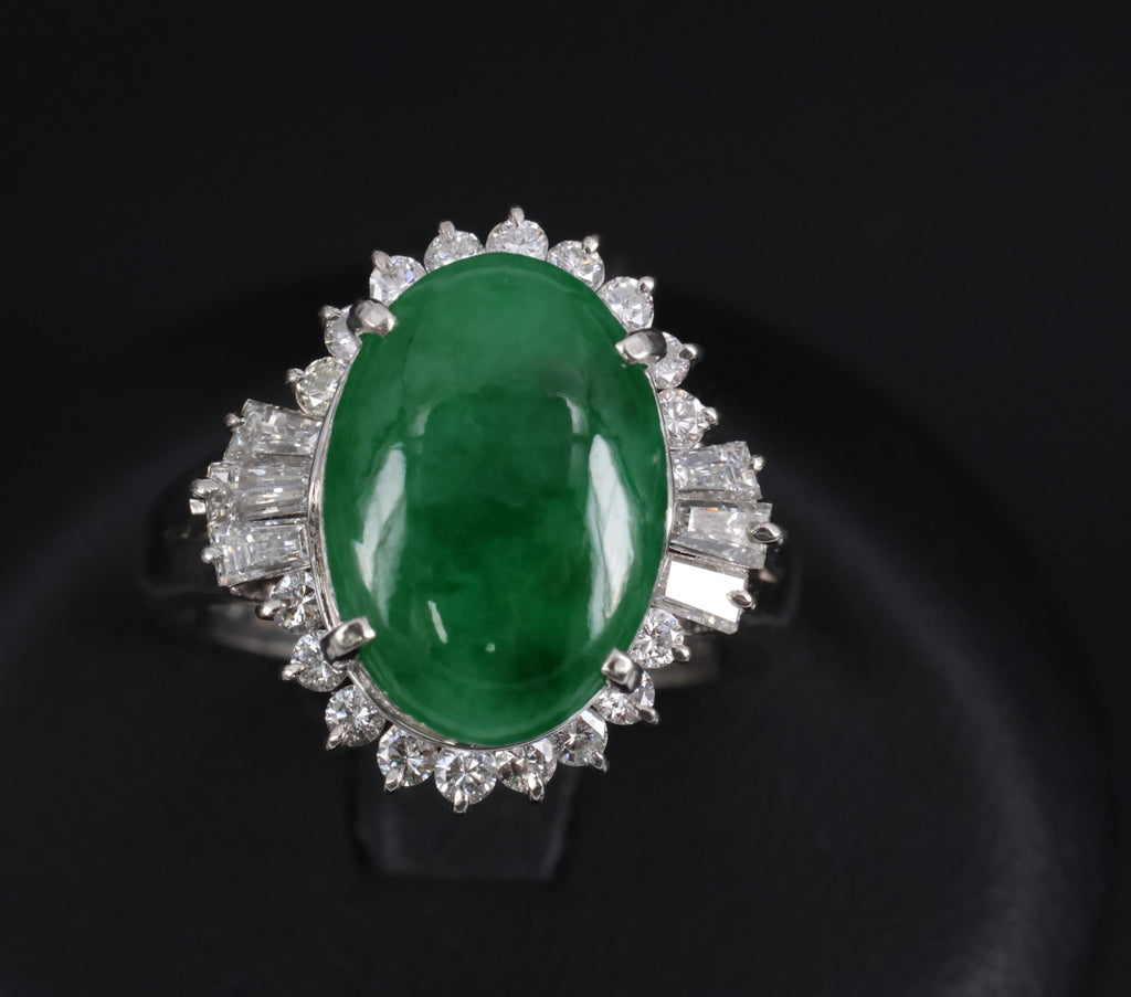 Fine 3.85ct Natural Green Jadeite Jade & 0.78ct Diamond Platinum Ring, Size 6.5