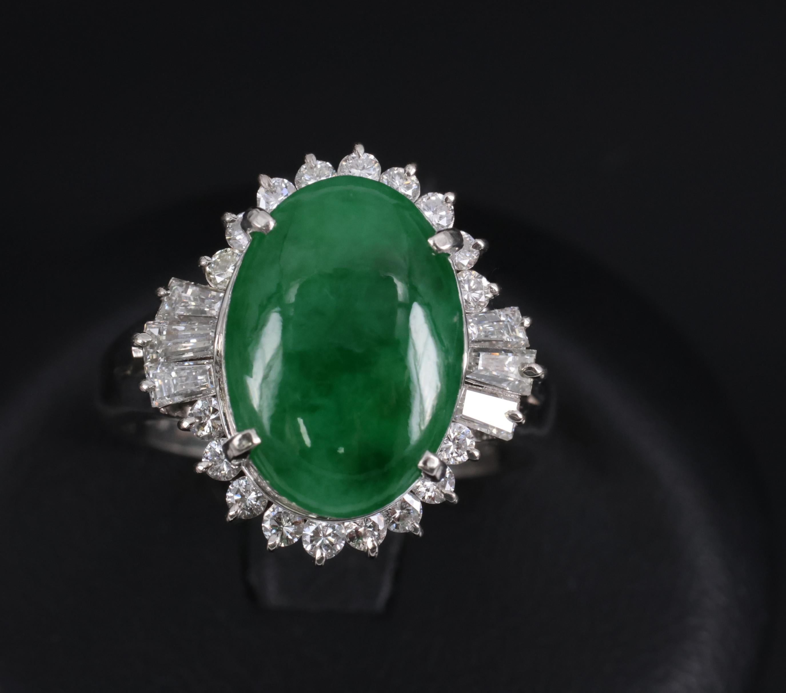 Fine 3.85ct Natural Green Jadeite Jade & 0.78ct Diamond Platinum Ring, Size 6.5