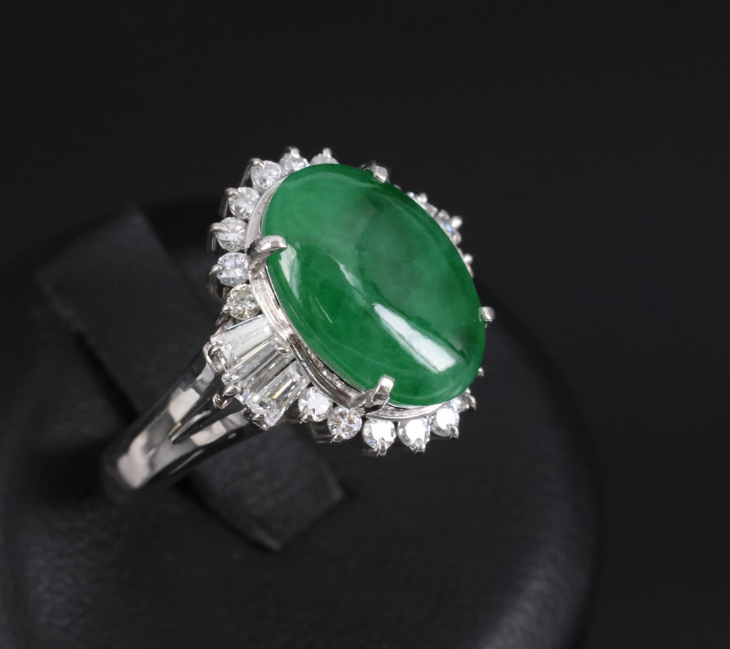 Fine 3.85ct Natural Green Jadeite Jade & 0.78ct Diamond Platinum Ring, Size 6.5