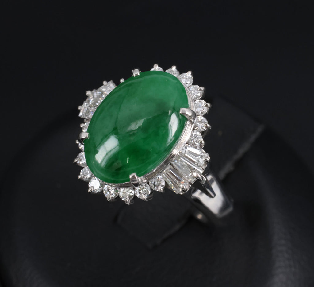 Fine 3.85ct Natural Green Jadeite Jade & 0.78ct Diamond Platinum Ring, Size 6.5