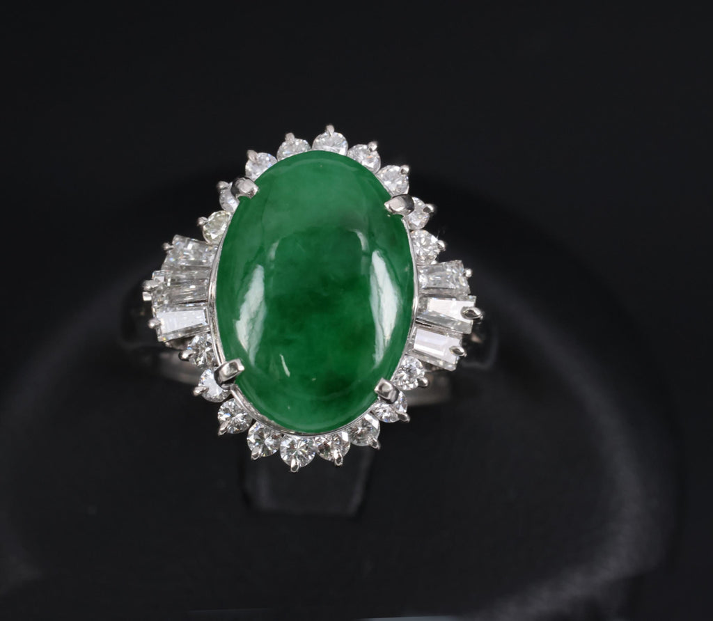 Fine 3.85ct Natural Green Jadeite Jade & 0.78ct Diamond Platinum Ring, Size 6.5