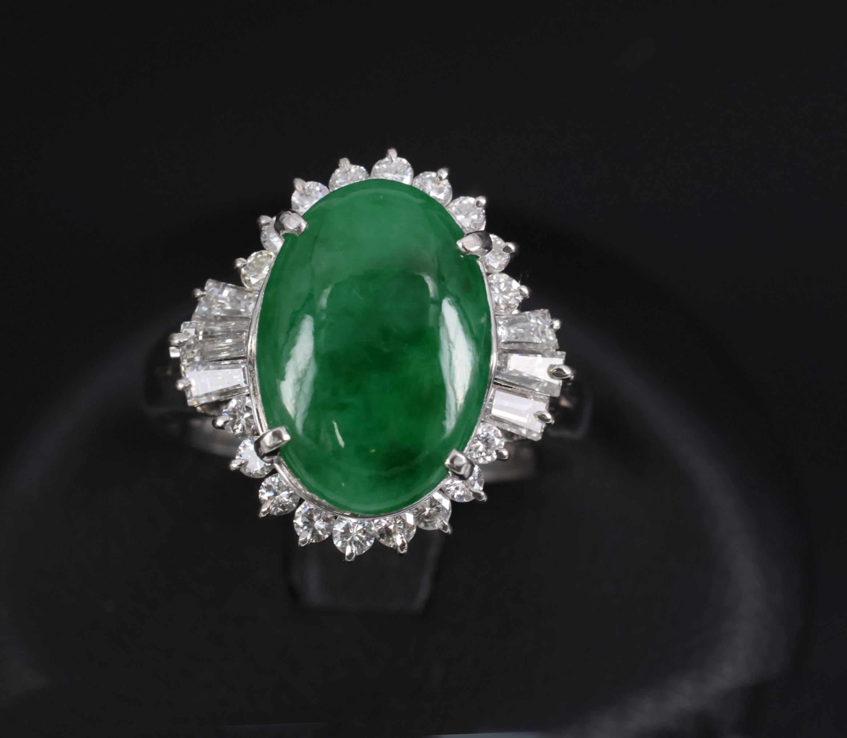 Fine 3.85ct Natural Green Jadeite Jade & 0.78ct Diamond Platinum Ring, Size 6.5