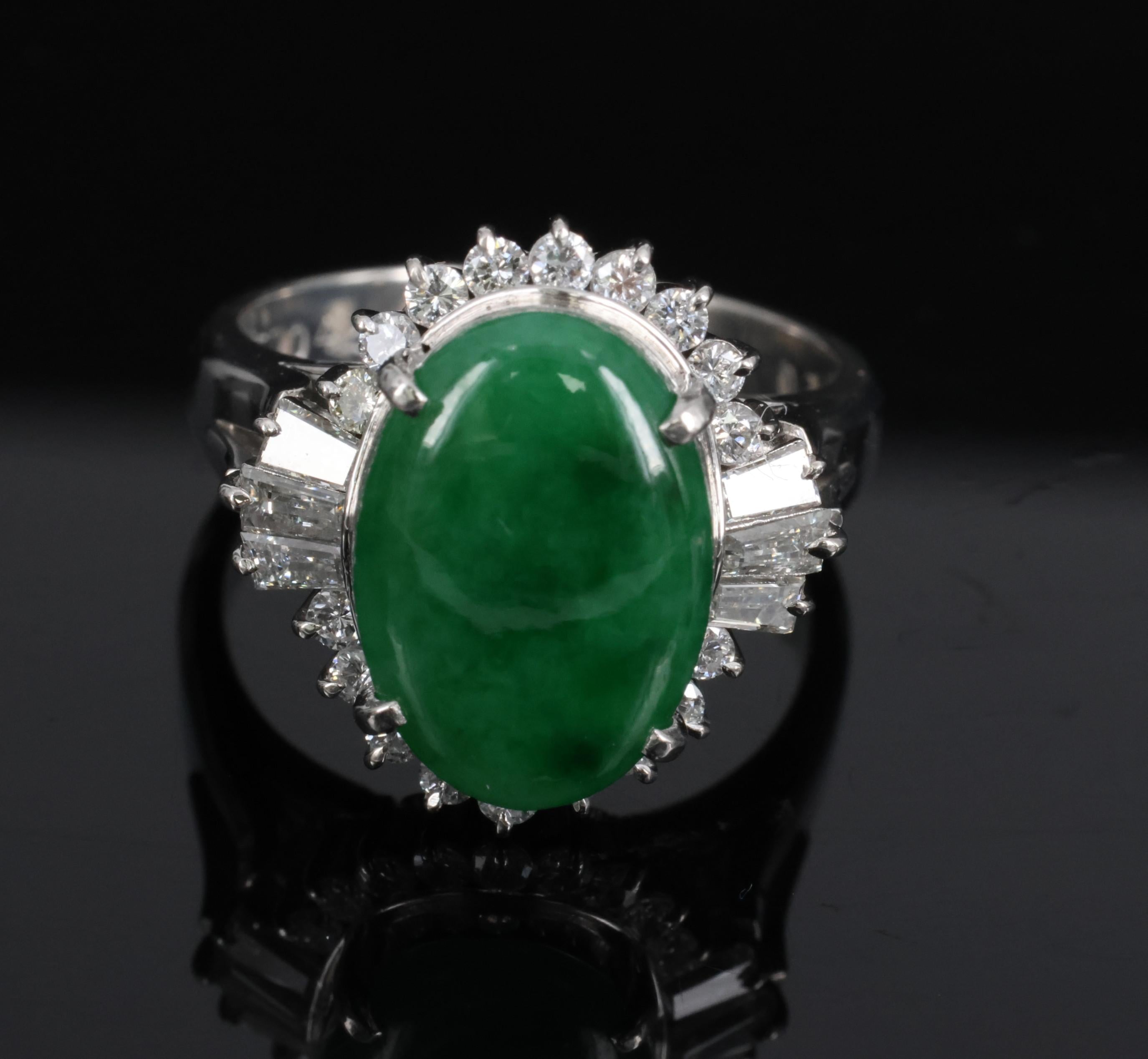 Fine 3.85ct Natural Green Jadeite Jade & 0.78ct Diamond Platinum Ring, Size 6.5