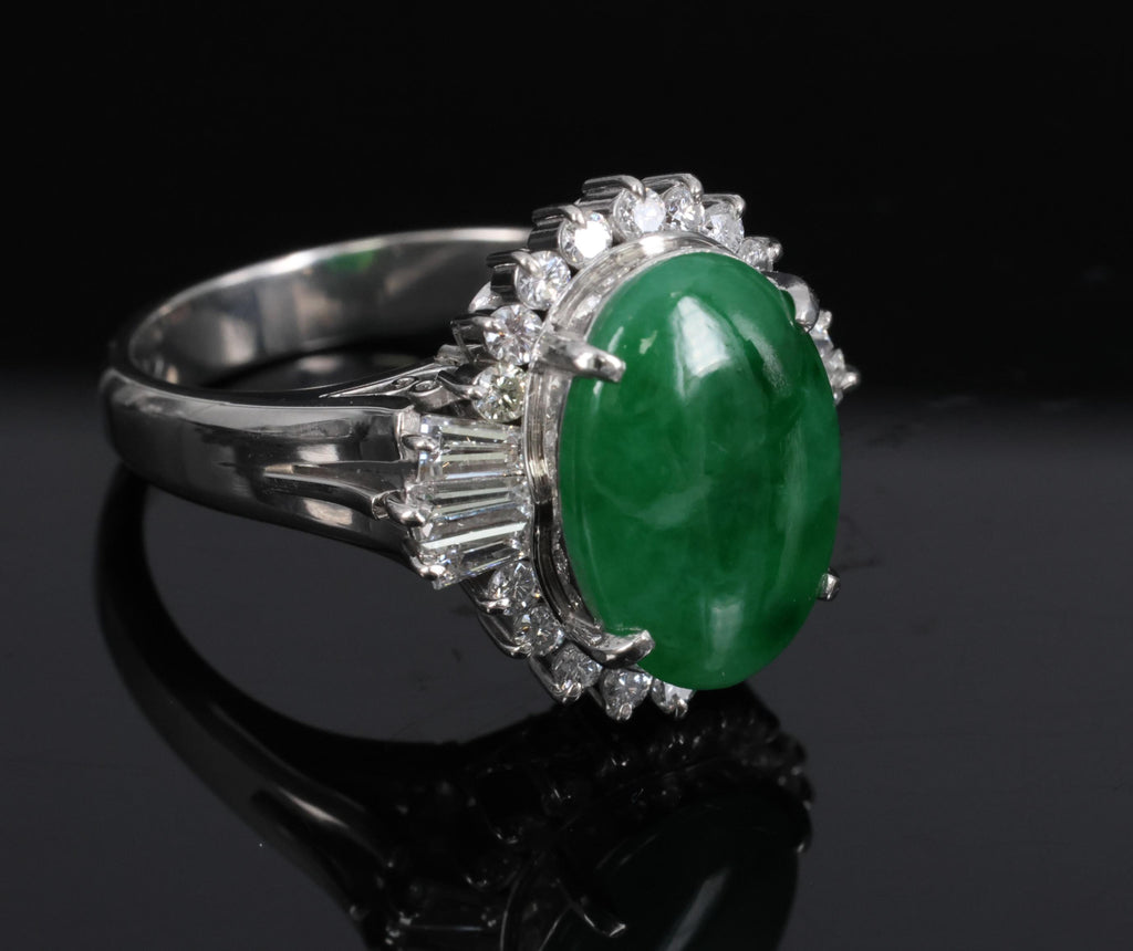 Fine 3.85ct Natural Green Jadeite Jade & 0.78ct Diamond Platinum Ring, Size 6.5