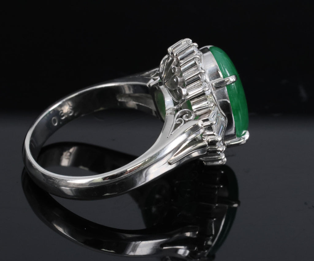 Fine 3.85ct Natural Green Jadeite Jade & 0.78ct Diamond Platinum Ring, Size 6.5
