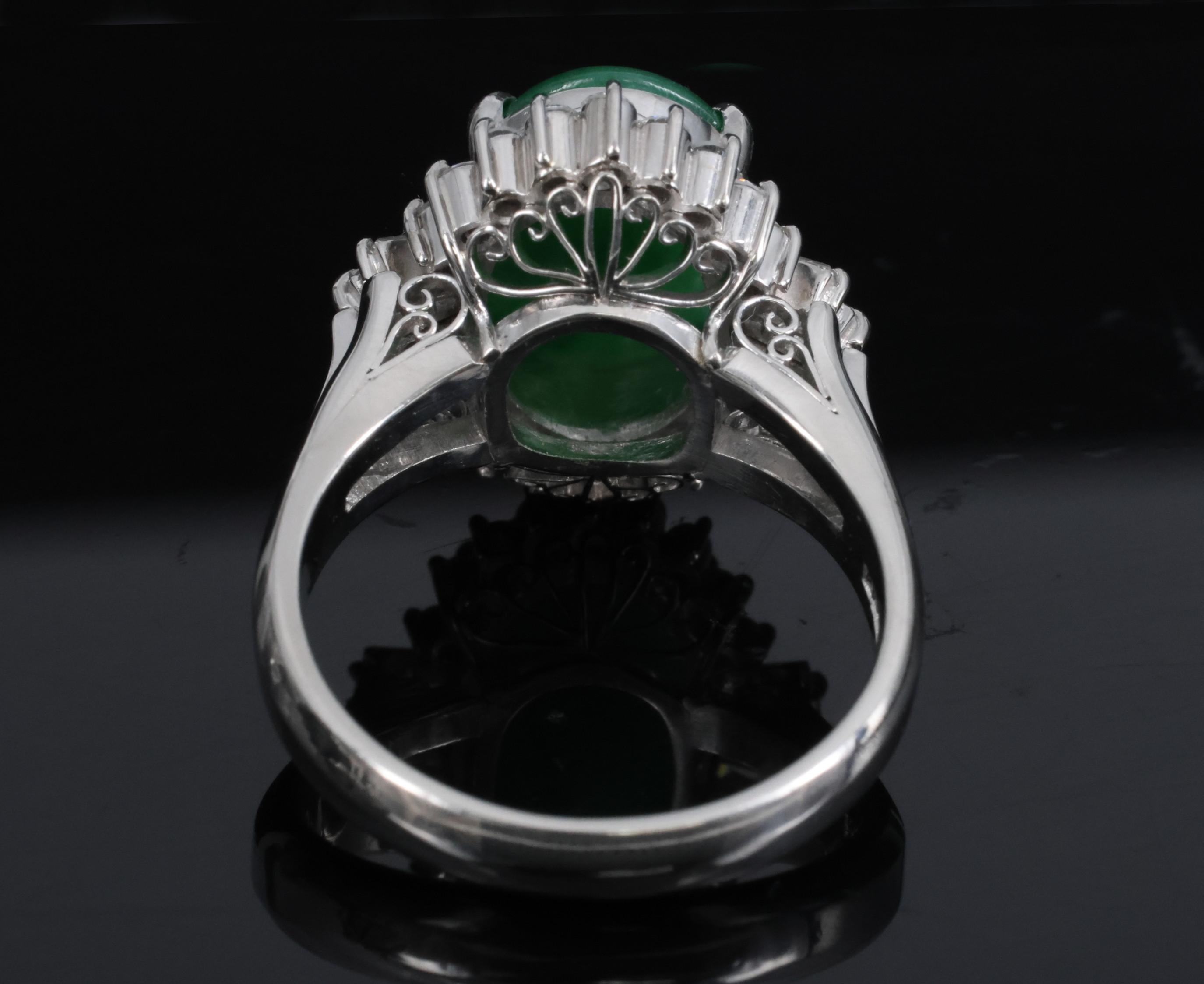 Fine 3.85ct Natural Green Jadeite Jade & 0.78ct Diamond Platinum Ring, Size 6.5