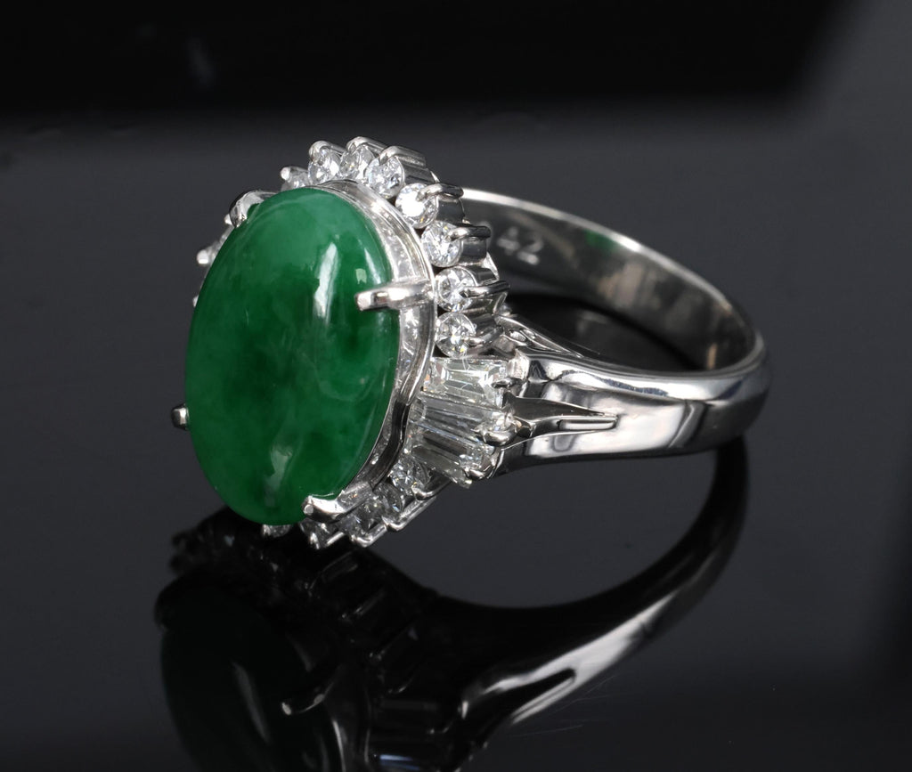 Fine 3.85ct Natural Green Jadeite Jade & 0.78ct Diamond Platinum Ring, Size 6.5