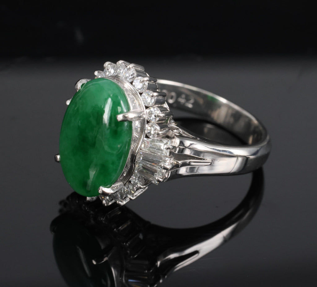 Fine 3.85ct Natural Green Jadeite Jade & 0.78ct Diamond Platinum Ring, Size 6.5