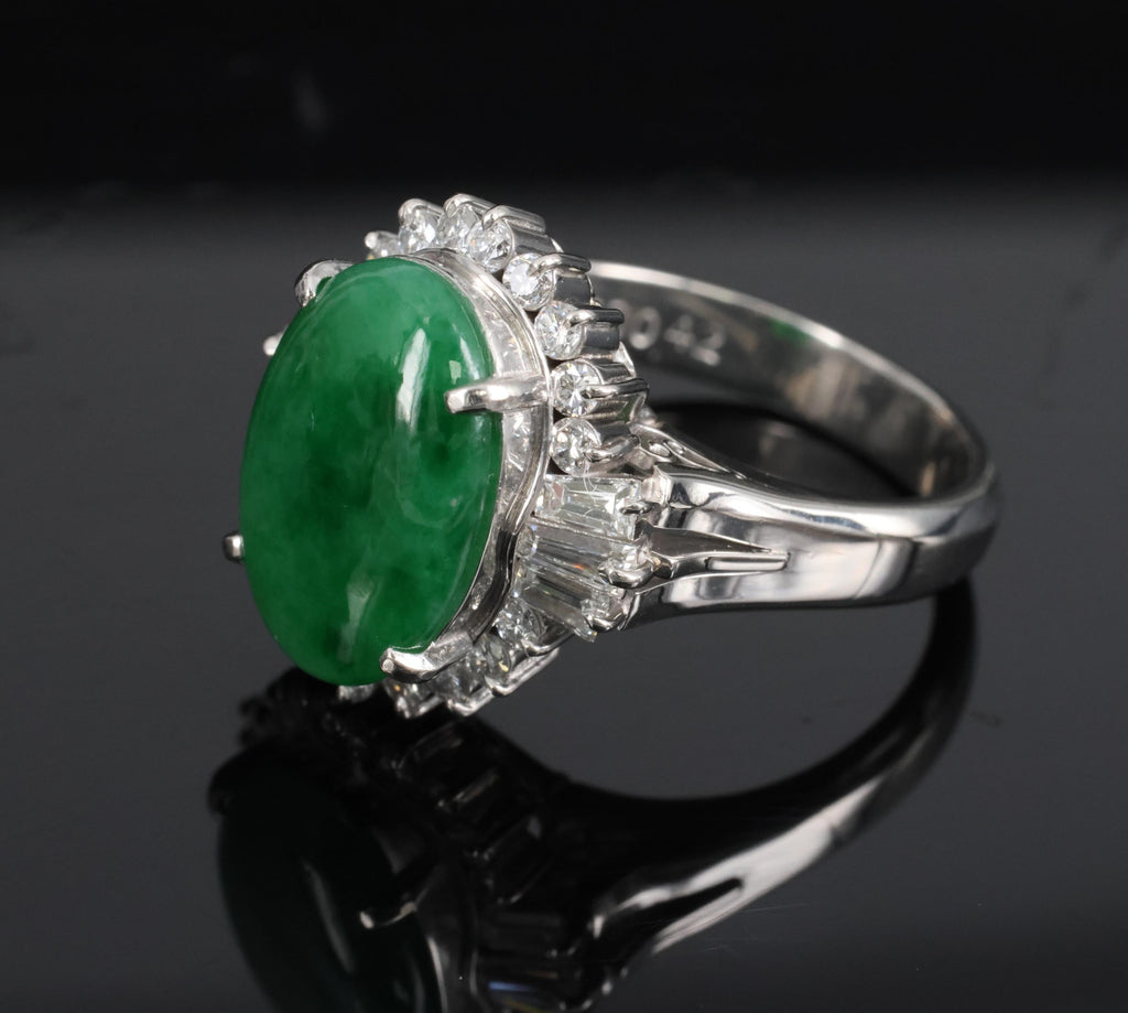 Fine 3.85ct Natural Green Jadeite Jade & 0.78ct Diamond Platinum Ring, Size 6.5