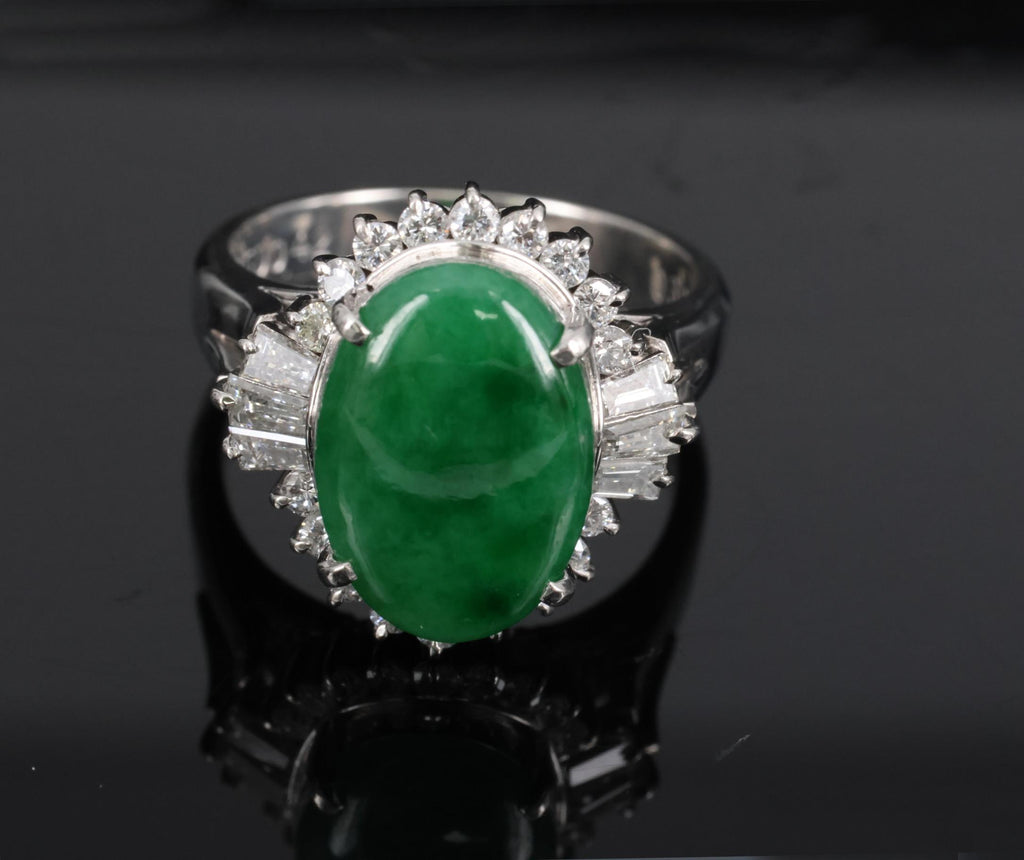 Fine 3.85ct Natural Green Jadeite Jade & 0.78ct Diamond Platinum Ring, Size 6.5