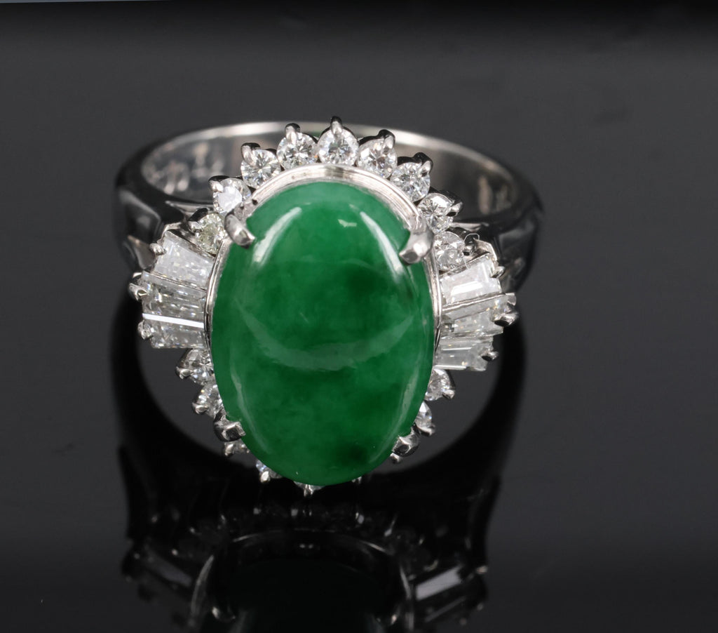 Fine 3.85ct Natural Green Jadeite Jade & 0.78ct Diamond Platinum Ring, Size 6.5