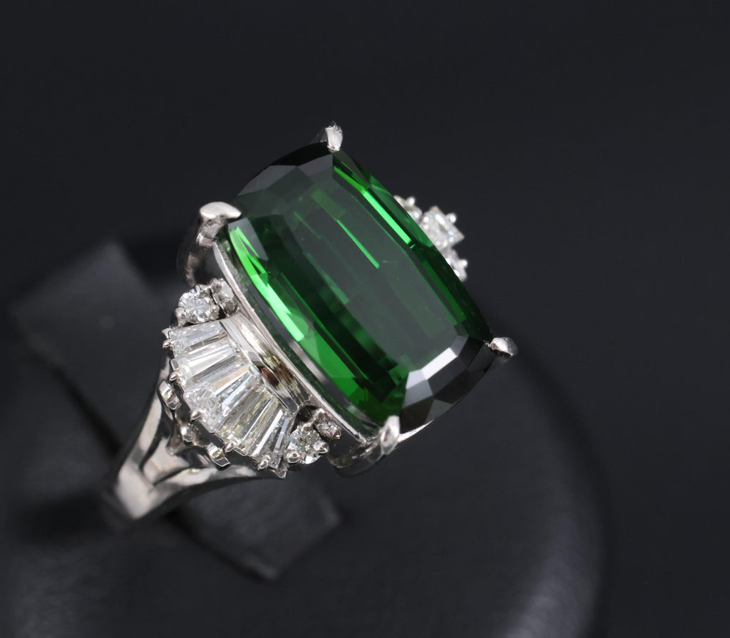 7.74ct Natural Chrome Green Tourmaline & 0.59ct Diamond Platinum Ring, Size 6