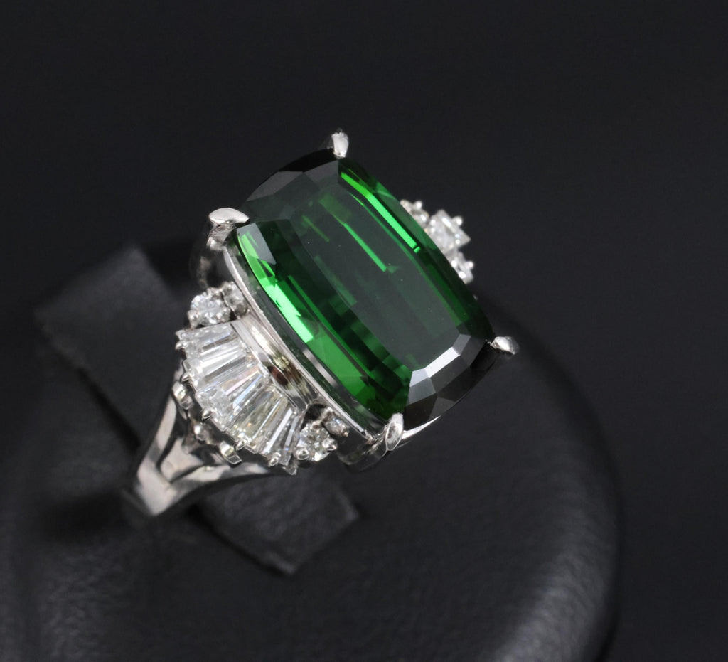 7.74ct Natural Chrome Green Tourmaline & 0.59ct Diamond Platinum Ring, Size 6
