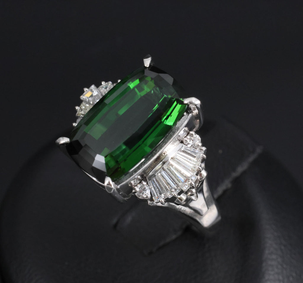 7.74ct Natural Chrome Green Tourmaline & 0.59ct Diamond Platinum Ring, Size 6