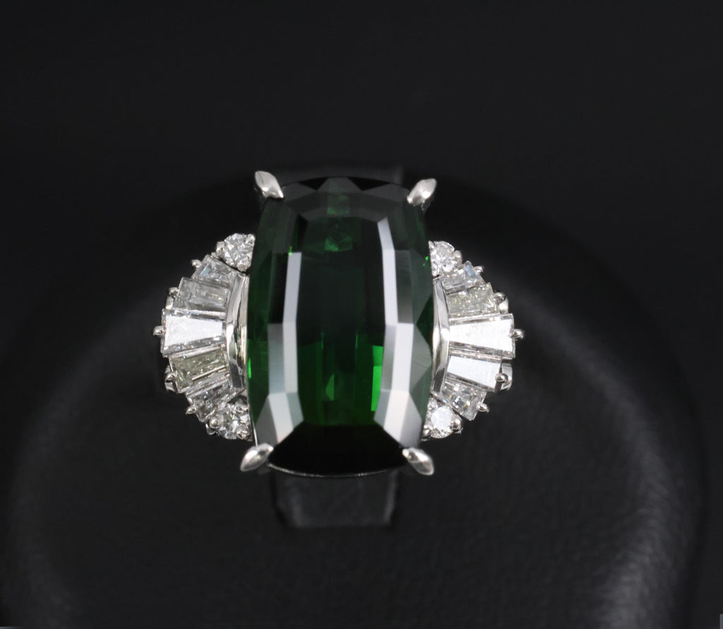7.74ct Natural Chrome Green Tourmaline & 0.59ct Diamond Platinum Ring, Size 6