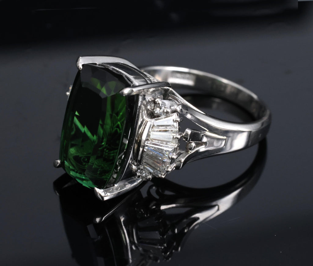 7.74ct Natural Chrome Green Tourmaline & 0.59ct Diamond Platinum Ring, Size 6