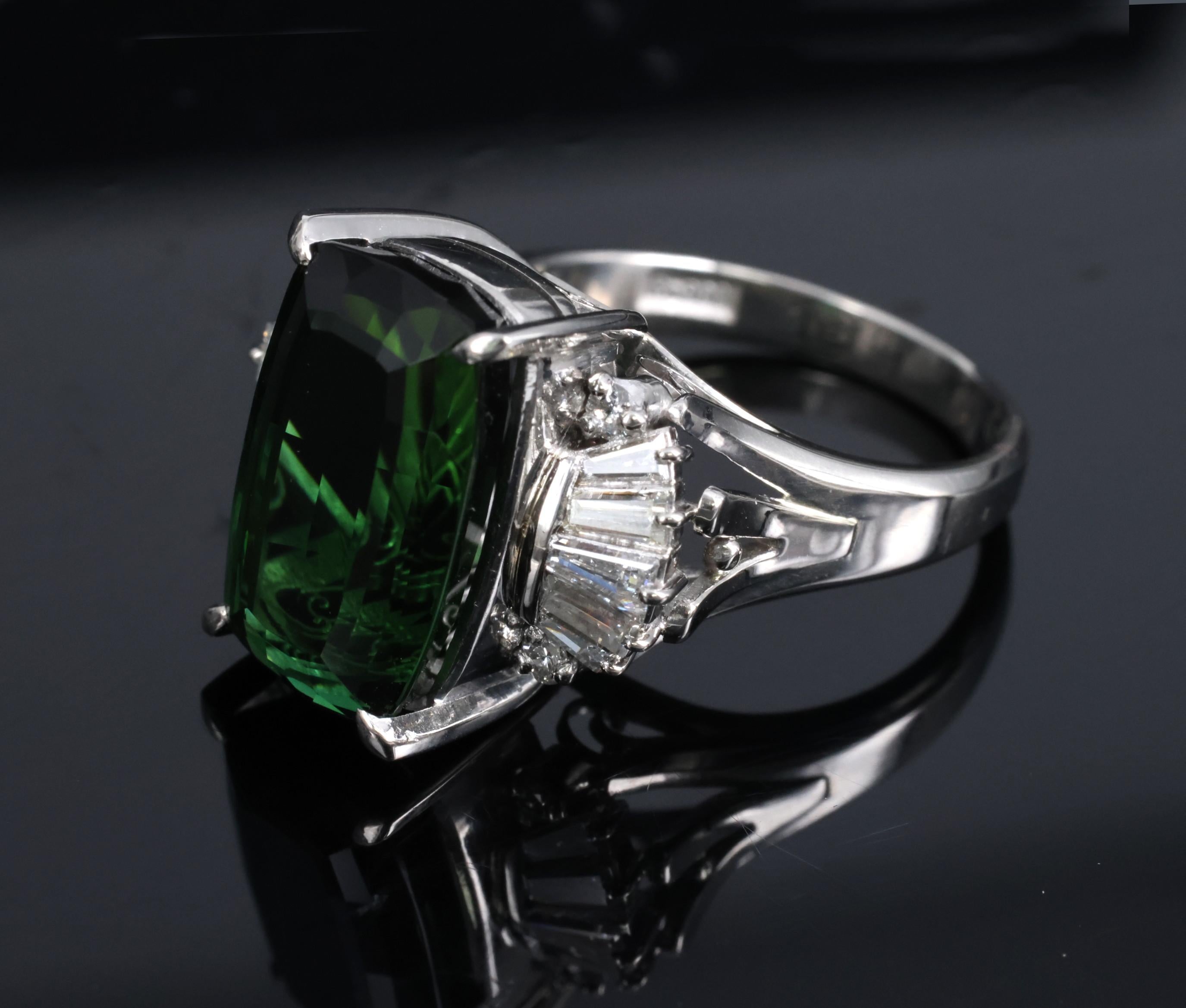 7.74ct Natural Chrome Green Tourmaline & 0.59ct Diamond Platinum Ring, Size 6