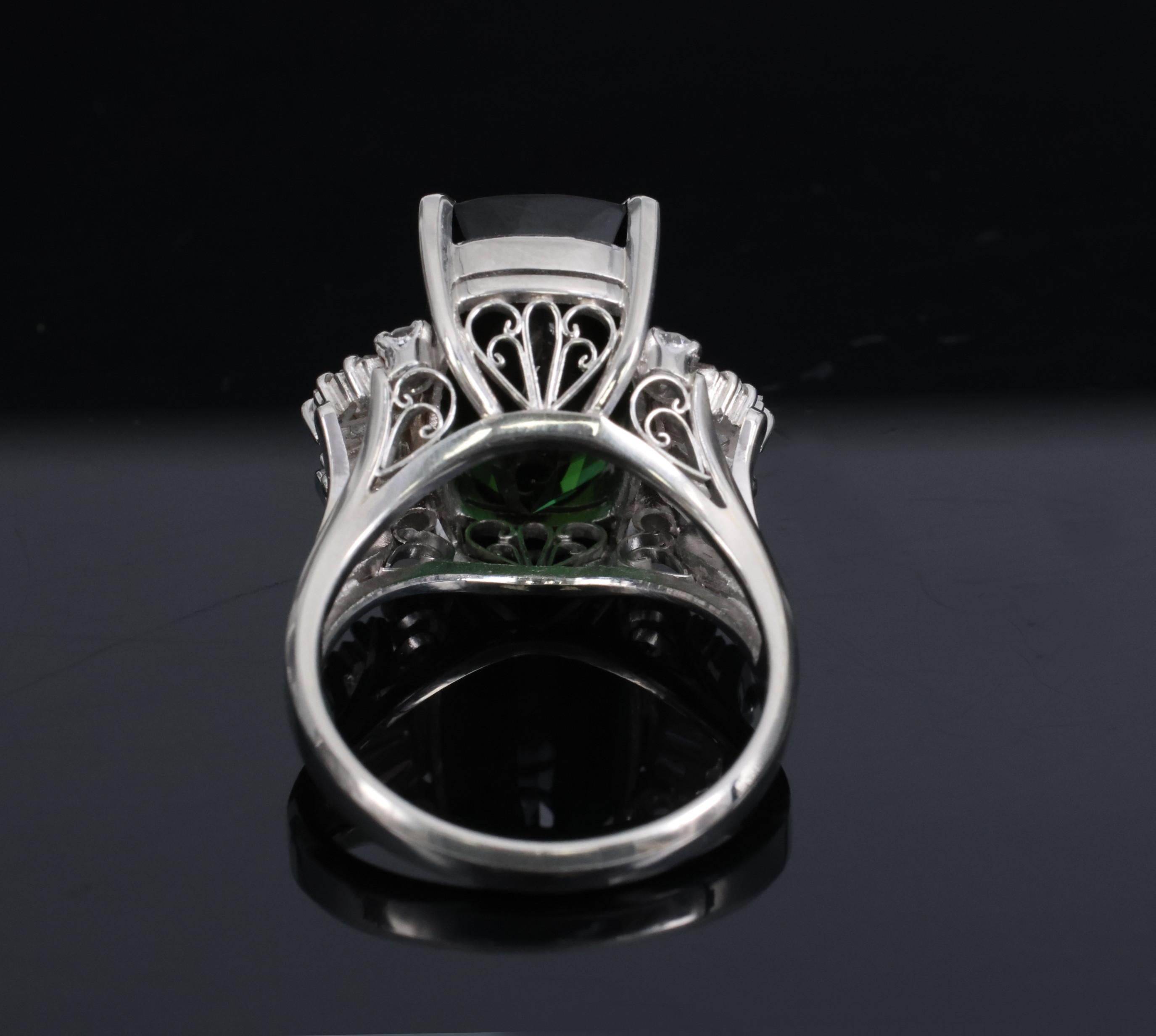 7.74ct Natural Chrome Green Tourmaline & 0.59ct Diamond Platinum Ring, Size 6