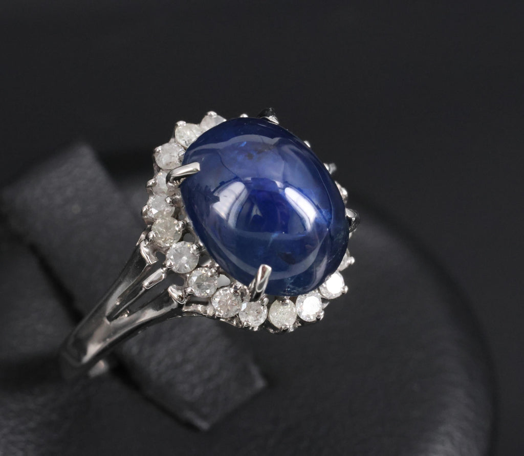5.42ct Natural Royal Blue Sapphire & 0.50ct Diamond Halo Platinum Ring, Size 6.5