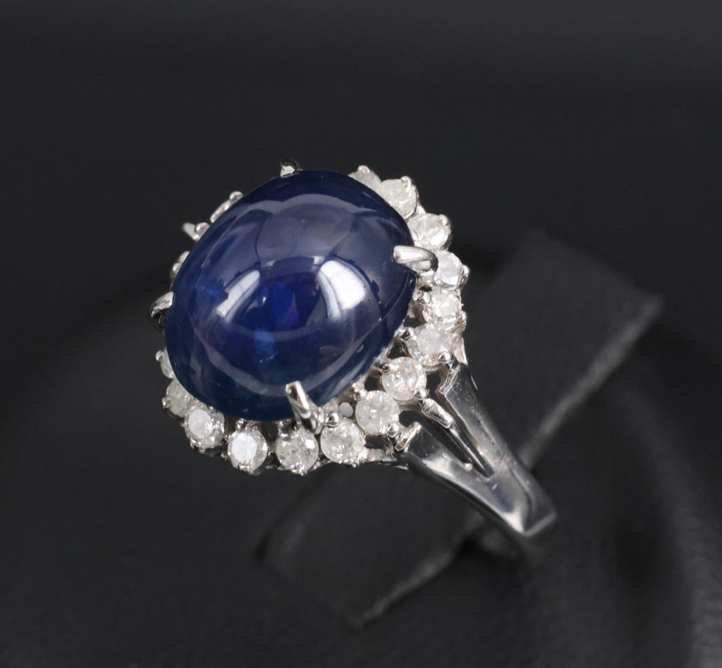 5.42ct Natural Royal Blue Sapphire & 0.50ct Diamond Halo Platinum Ring, Size 6.5