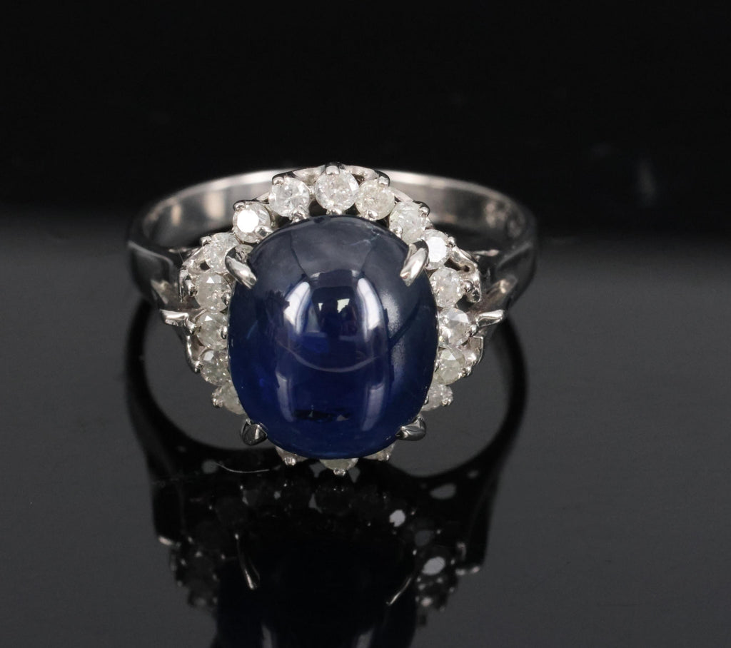 5.42ct Natural Royal Blue Sapphire & 0.50ct Diamond Halo Platinum Ring, Size 6.5