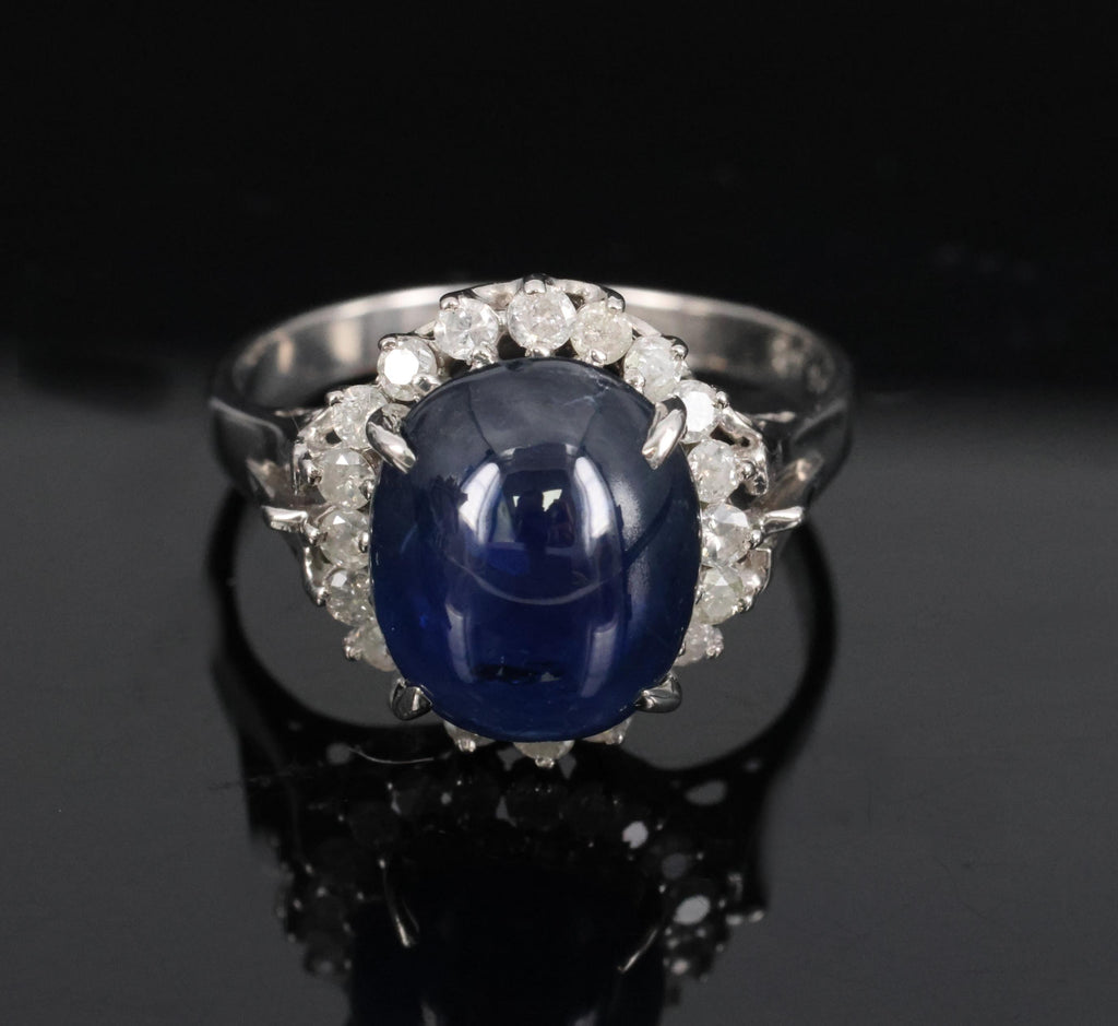 5.42ct Natural Royal Blue Sapphire & 0.50ct Diamond Halo Platinum Ring, Size 6.5