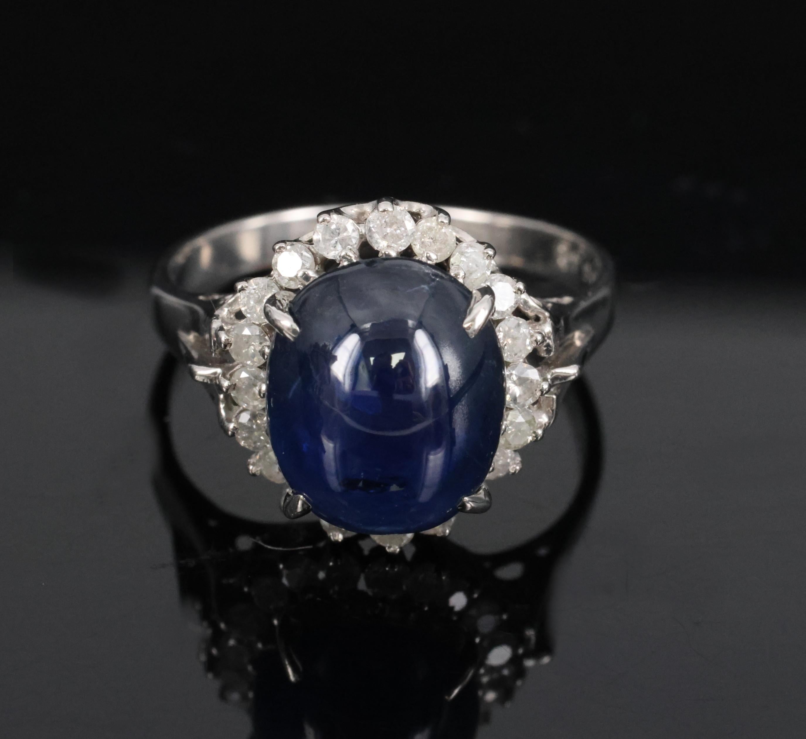 5.42ct Natural Royal Blue Sapphire & 0.50ct Diamond Halo Platinum Ring, Size 6.5