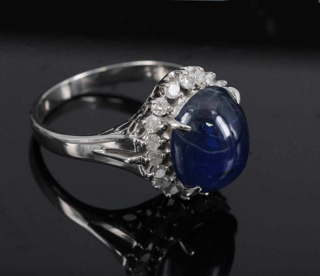 5.42ct Natural Royal Blue Sapphire & 0.50ct Diamond Halo Platinum Ring, Size 6.5