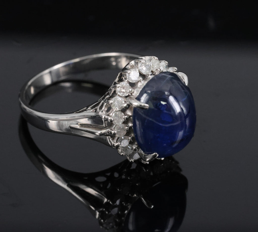 5.42ct Natural Royal Blue Sapphire & 0.50ct Diamond Halo Platinum Ring, Size 6.5