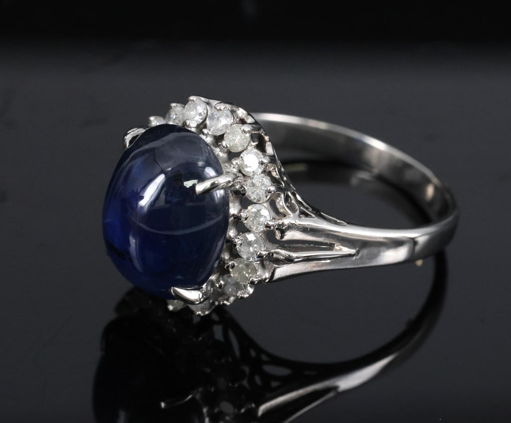 5.42ct Natural Royal Blue Sapphire & 0.50ct Diamond Halo Platinum Ring, Size 6.5