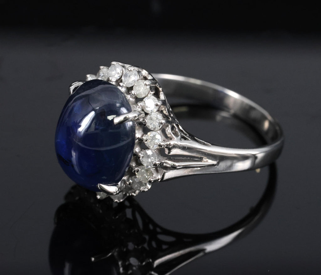 5.42ct Natural Royal Blue Sapphire & 0.50ct Diamond Halo Platinum Ring, Size 6.5