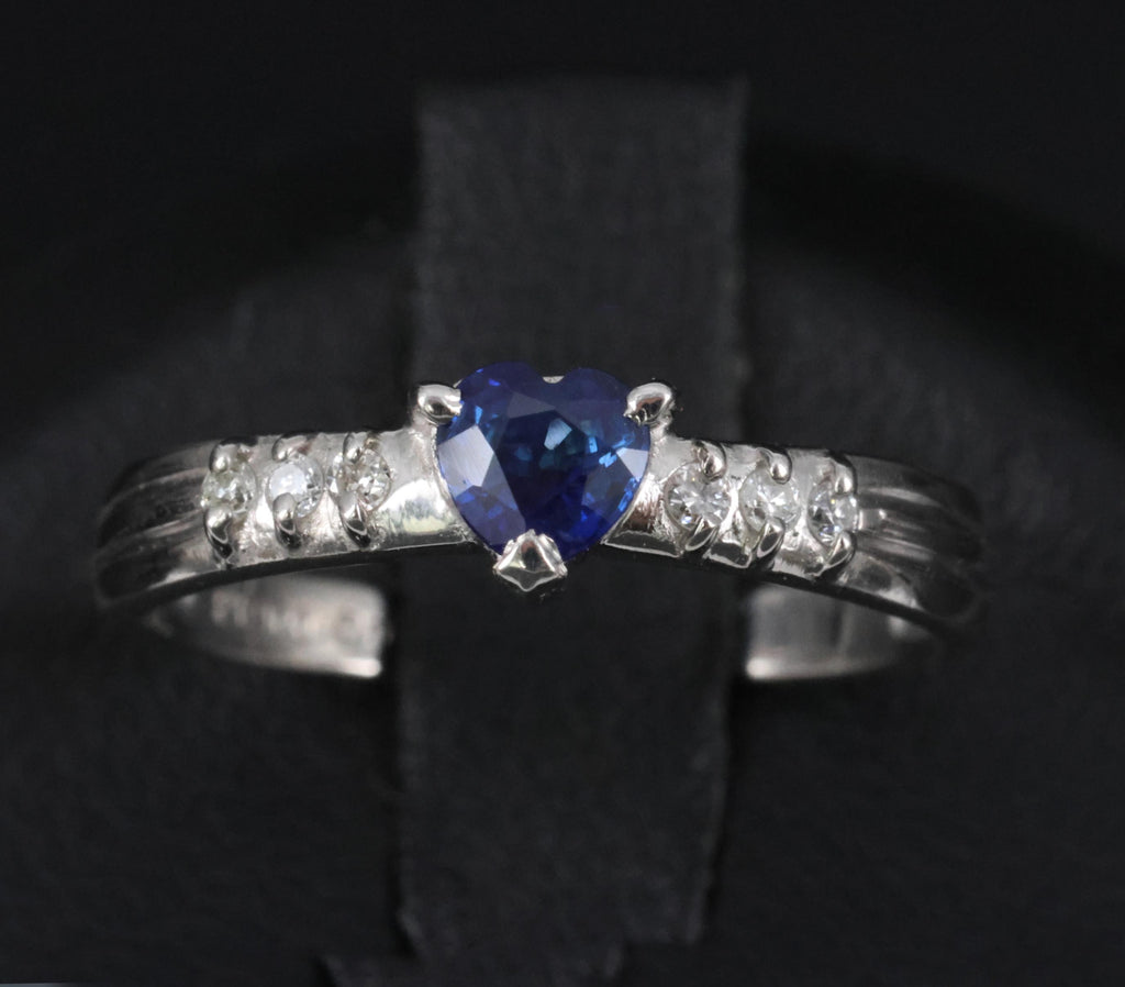 0.32ct Heart Royal Blue Natural Sapphire & 0.06ct Diamond Platinum Ring Size 5.5