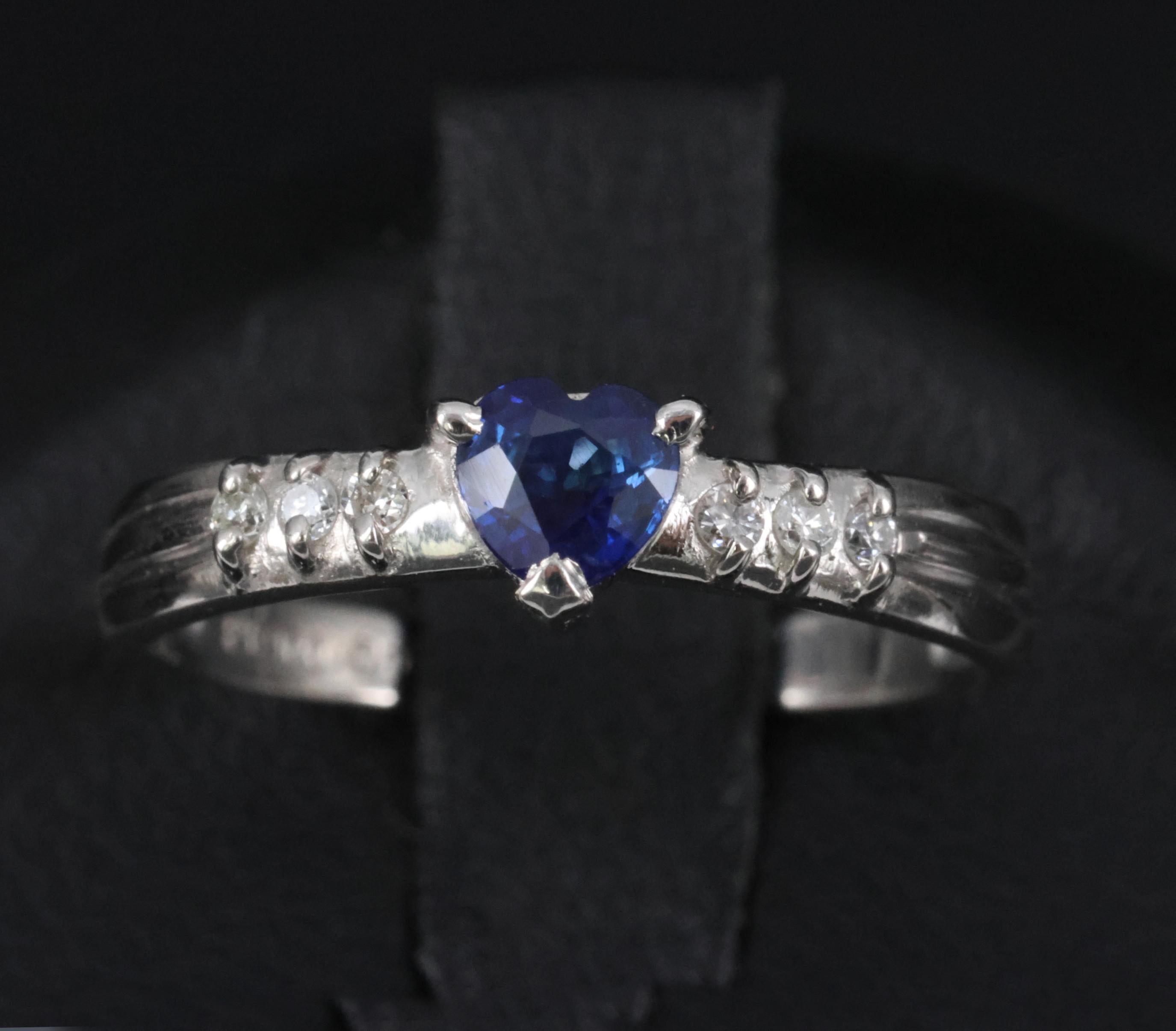 0.32ct Heart Royal Blue Natural Sapphire & 0.06ct Diamond Platinum Ring Size 5.5