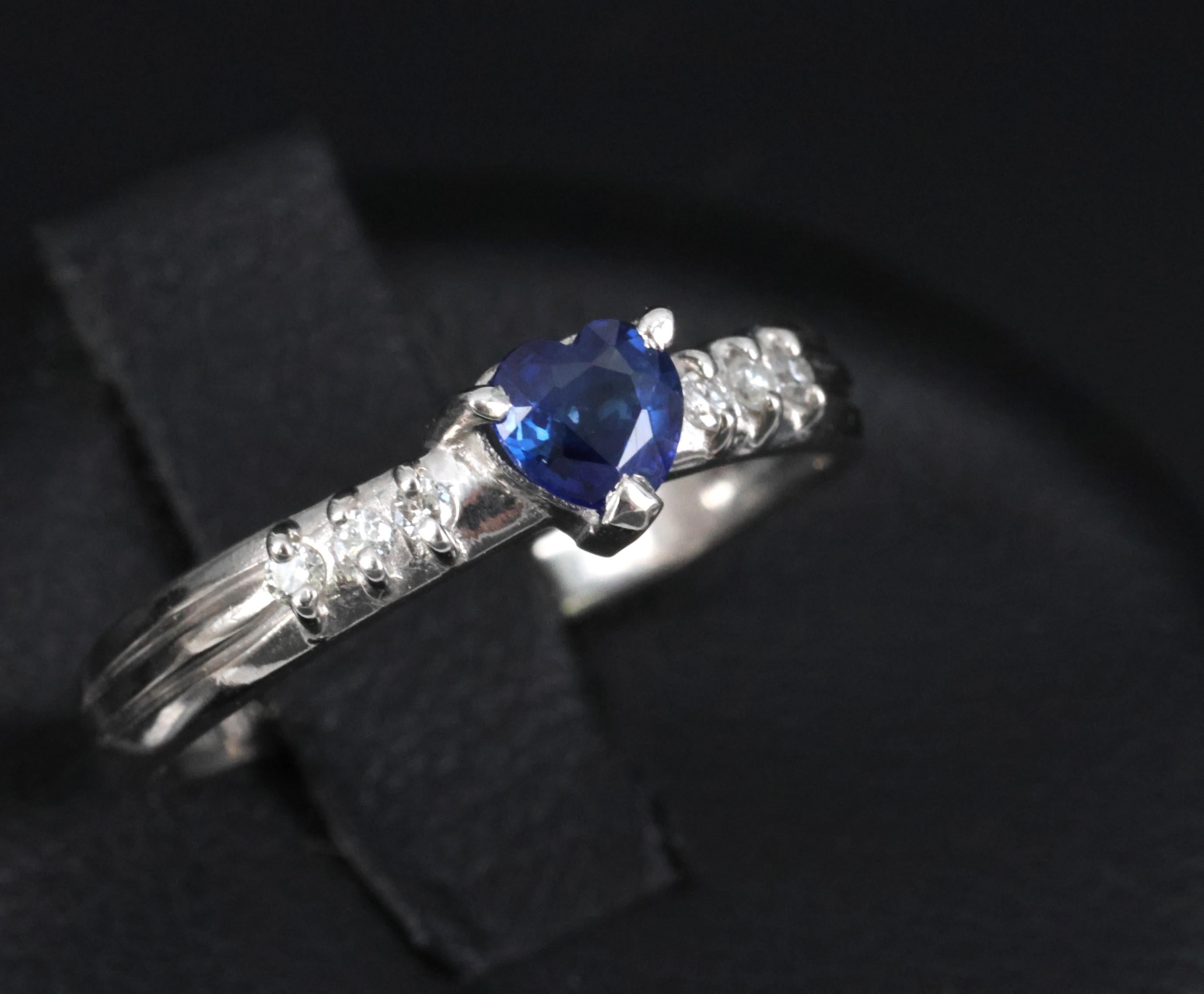 0.32ct Heart Royal Blue Natural Sapphire & 0.06ct Diamond Platinum Ring Size 5.5