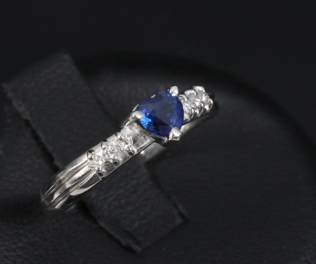 0.32ct Heart Royal Blue Natural Sapphire & 0.06ct Diamond Platinum Ring Size 5.5